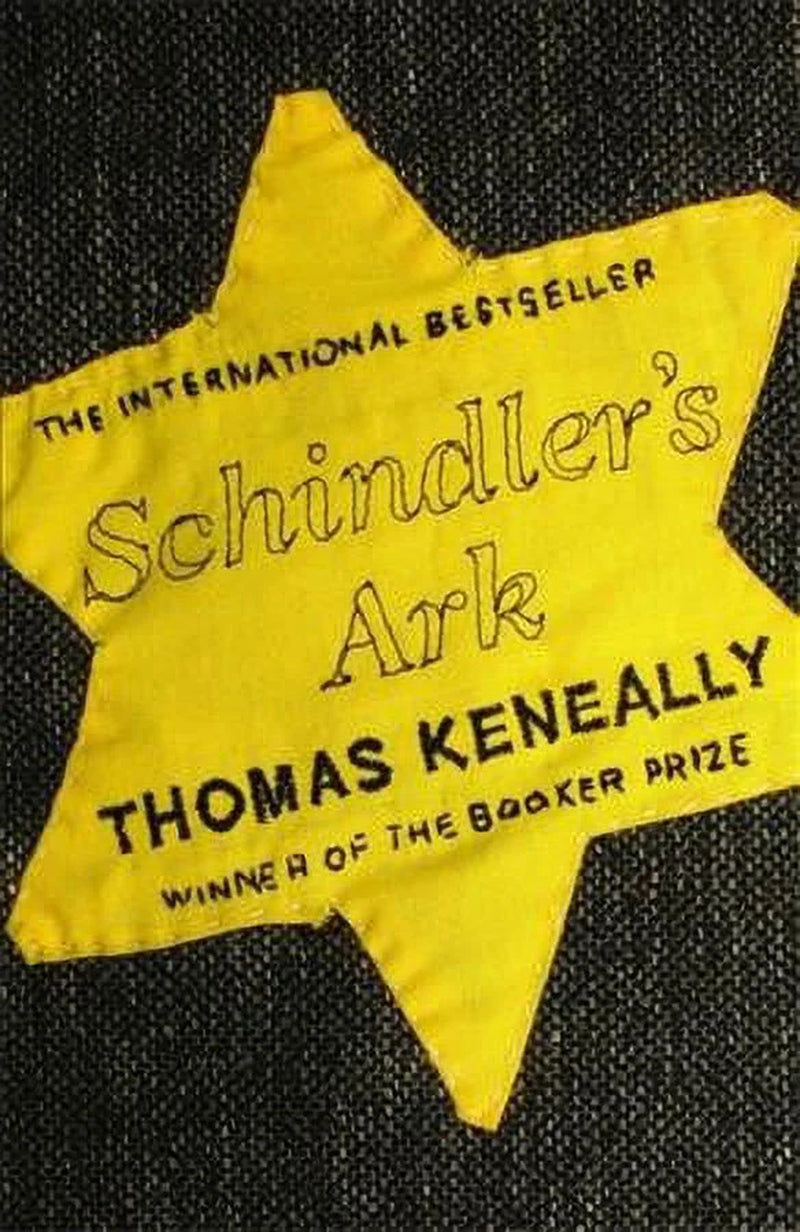 A yellow book cover of 'Schindler's Ark' by Thomas Keneally with a star design and text including the title and author's name.
