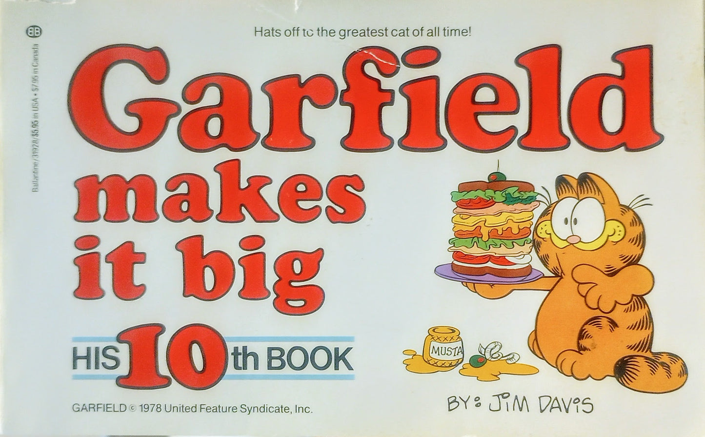 Book cover of 'Garfield makes it big' with Garfield holding a sandwich and text about his 10th book.