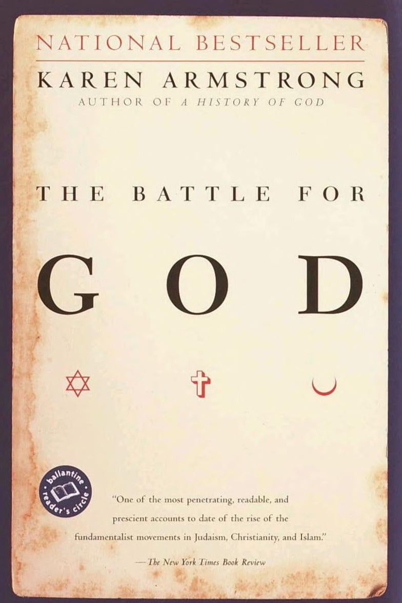 Book cover of 'The Battle for God' by Karen Armstrong with religious symbols and text.