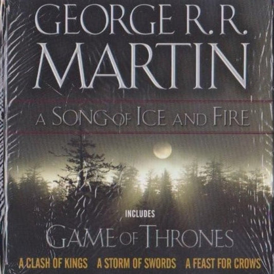 Audiobook Packaging of 'A Song of Ice and Fire' series by George R.R. Martin with a forest and moon design.