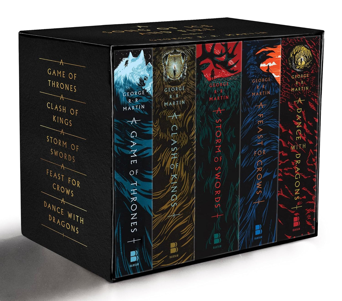 A Game of Thrones 5-book boxed set with dark fantasy novel covers in black, white, and red.