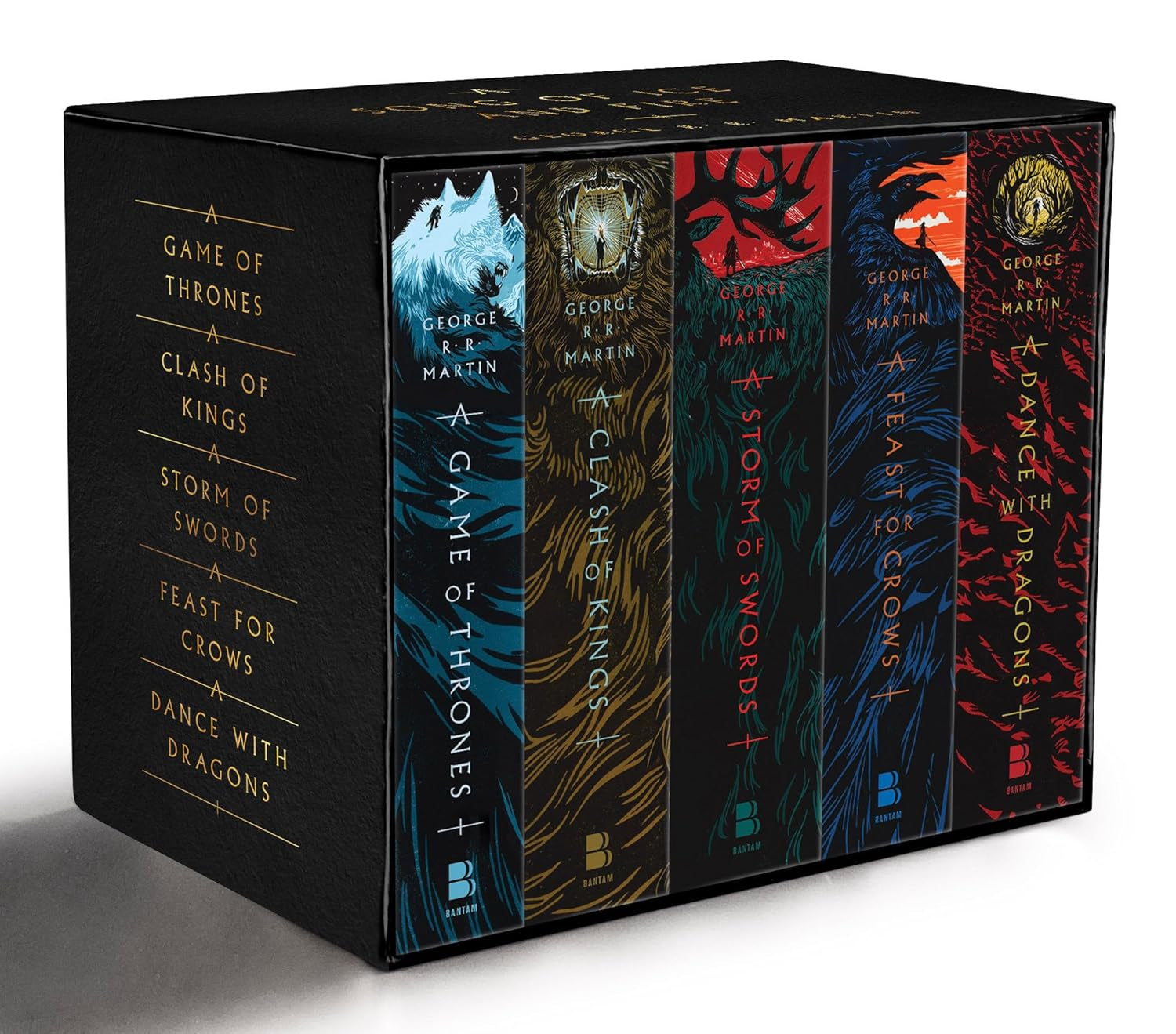 A Game of Thrones 5-book boxed set with dark fantasy novel covers in black, white, and red.