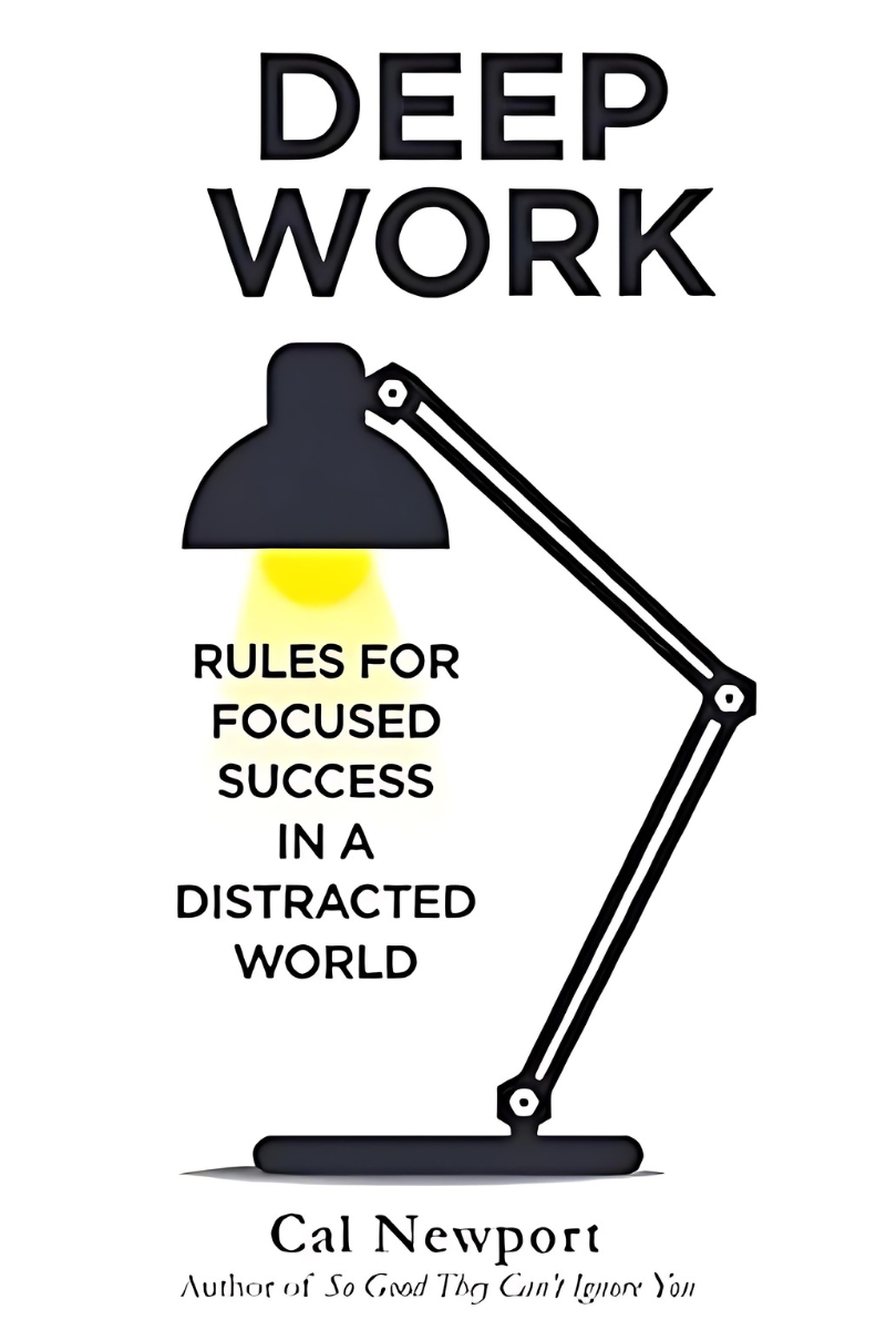 Cover of the book 'Deep Work: Rules for Focused Success in a Distracted World' by Cal Newport, featuring an image of a lamp.
