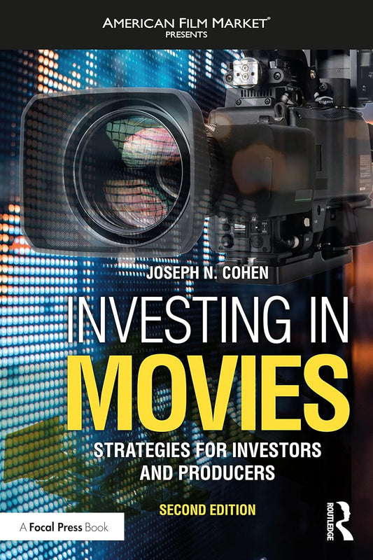 Book cover of 'Investing in Movies: Strategies for Investors and Producers' by Joseph N. Cohen, with a camera and cityscape background.
