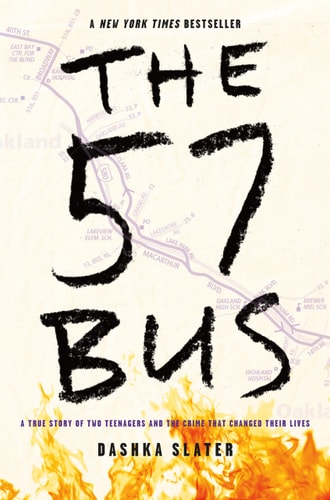 Book cover of 'The 57 Bus' with a map and flames design.