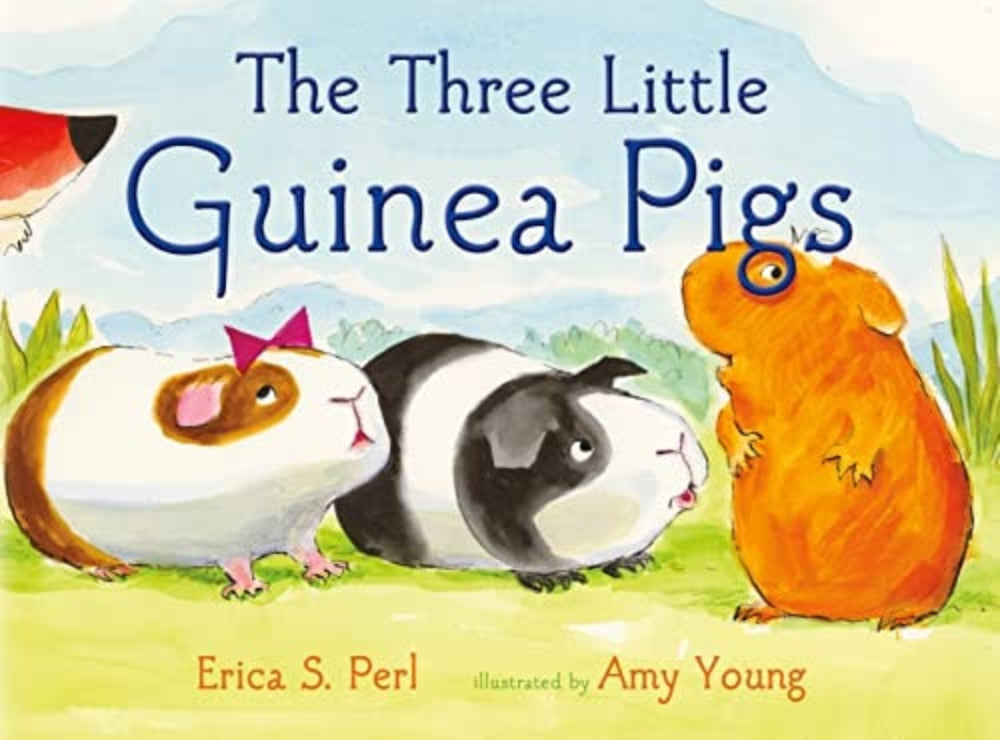 Cover of the children's book 'The Three Little Guinea Pigs' featuring illustrations of three guinea pigs with a redheaded piglet, a black and white piglet, and a brown piglet, in a grassy field setting.
