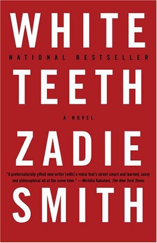 Book cover of 'White Teeth' by Zadie Smith with a red background and white text.