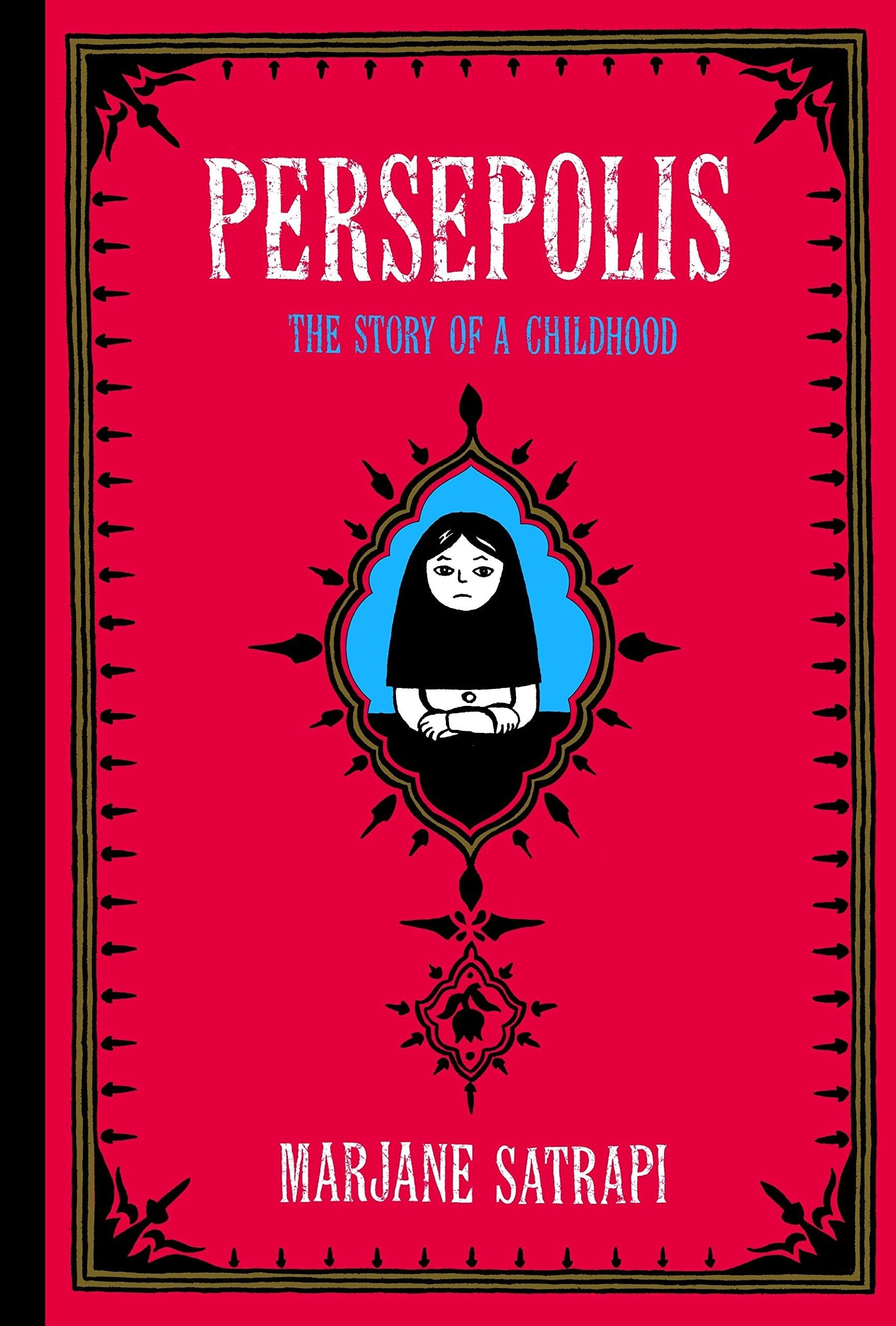 Book cover of 'Persepolis' with a red background and central illustration of a woman in a mirror.