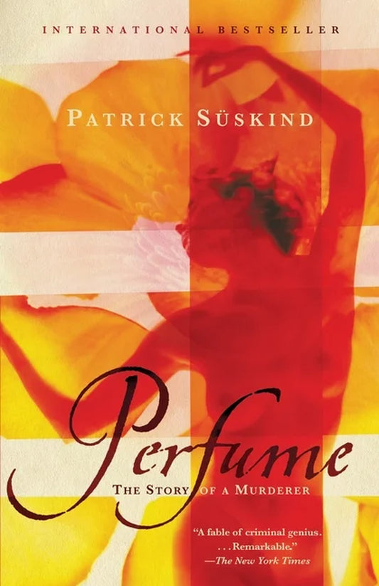 Front cover of book 'Perfume: The Story of a Murderer' by Patrick Süskind, featuring a decorative peach and red colored background with a person's silhouette.