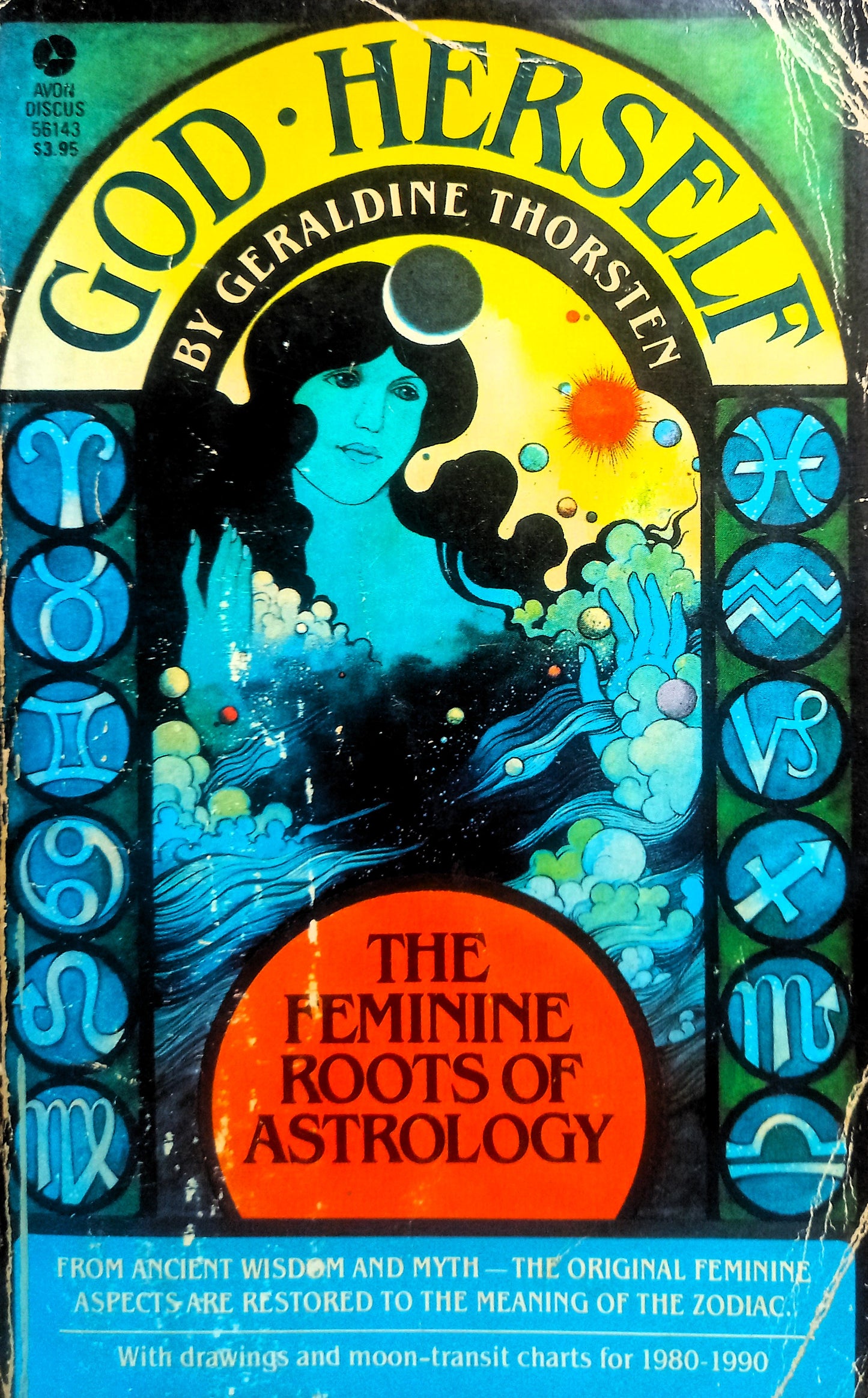 This image features the cover of the book "God Herself: The Feminine Roots of Astrology" by Geraldine Thorsten. The cover is vibrantly colored and intricately designed, with a figure set against a moonlit background under a night sky.