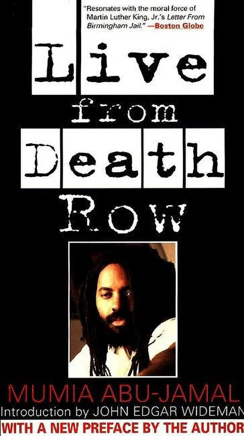 Book cover of "Live From Death Row" by Mumia Abu-Jamal, featuring a head-shot photo of author taken while incarcerated.