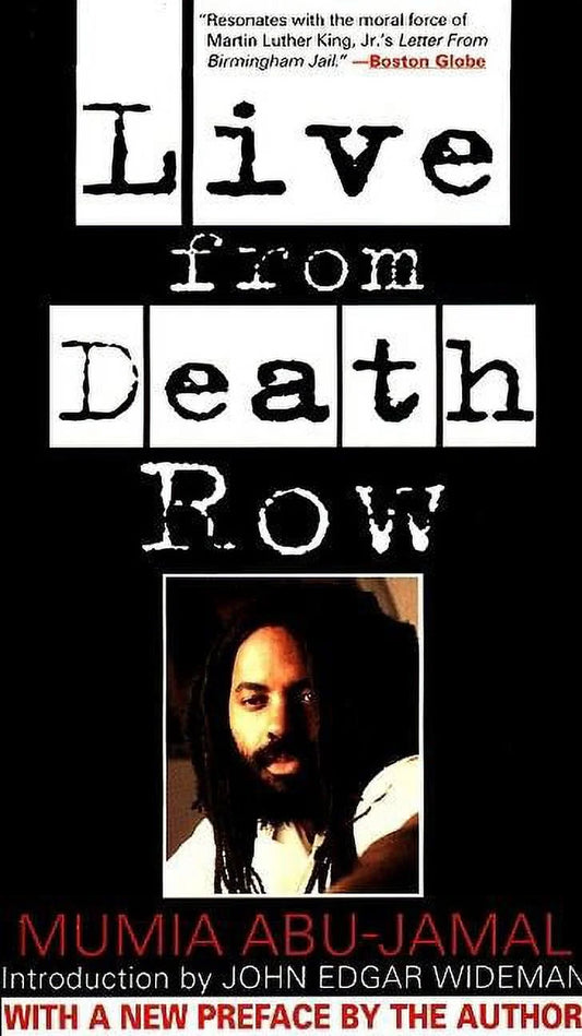 Book cover of "Live From Death Row" by Mumia Abu-Jamal, featuring a head-shot photo of author taken while incarcerated.