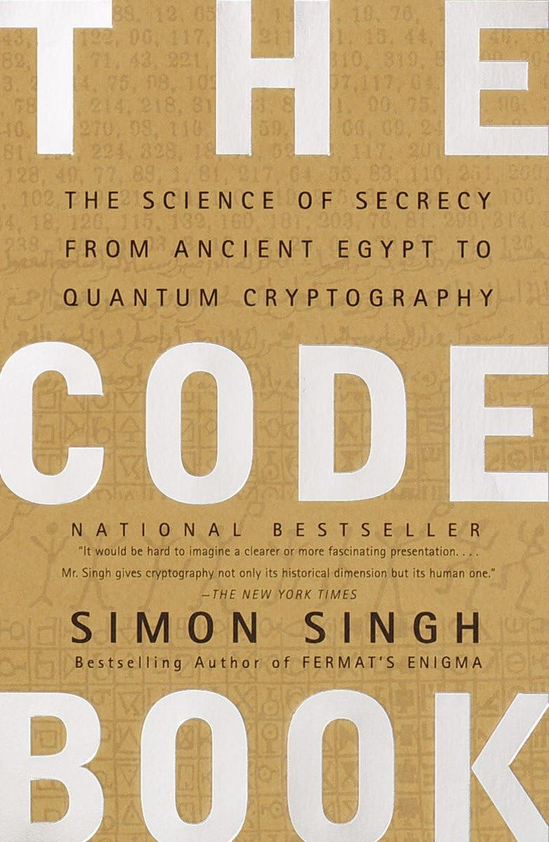 The cover of the book 'The Code Book: The Science of Secrecy from Ancient Egypt to Quantum Cryptography' by Simon Singh features a minimalist design in white and gold. The title is prominently displayed at the top, and the subtitle continues the theme of secrecy and cryptography from ancient times to modern quantum cryptography.