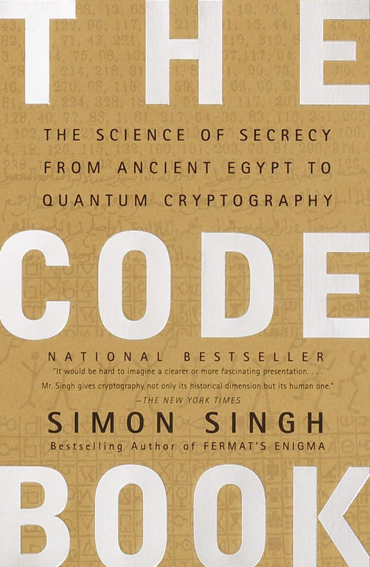 The cover of the book 'The Code Book: The Science of Secrecy from Ancient Egypt to Quantum Cryptography' by Simon Singh features a minimalist design in white and gold. The title is prominently displayed at the top, and the subtitle continues the theme of secrecy and cryptography from ancient times to modern quantum cryptography.