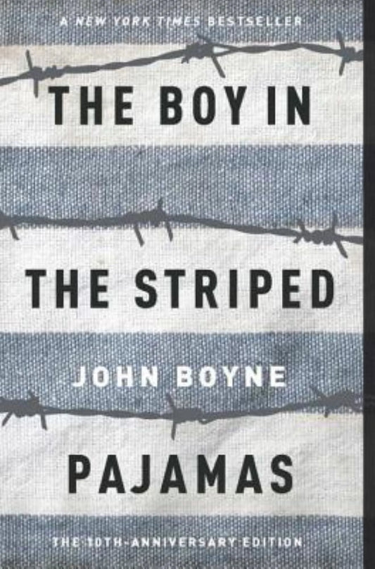 This image features the cover of "The Boy in the Striped Pajamas" by John Boyne. The cover design is minimalist, utilizing a muted color palette that includes gray and white.