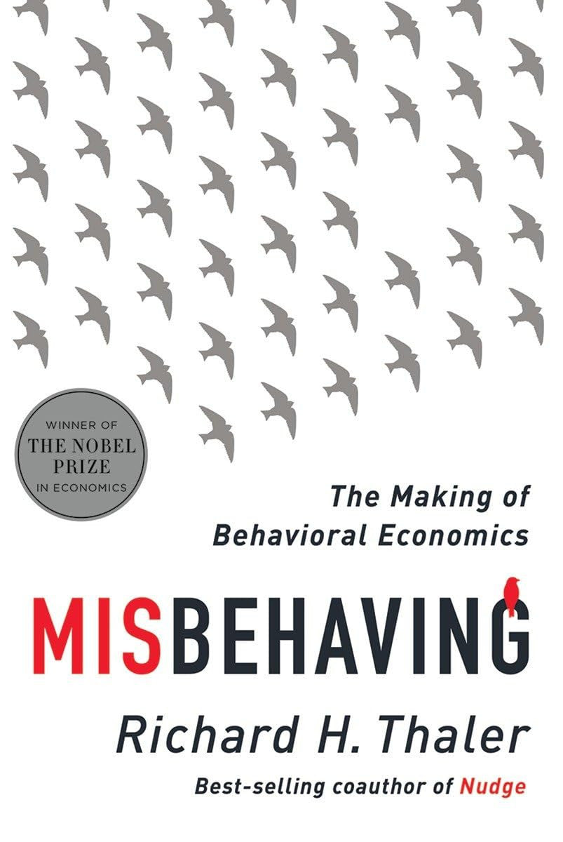 Book cover of 'Misbehavior: The Making of Behavioral Economics' by Richard H. Thaler, featuring a white background with a grid of gray bird silhouettes, bold red and black title text, and a silver Nobel Prize badge.