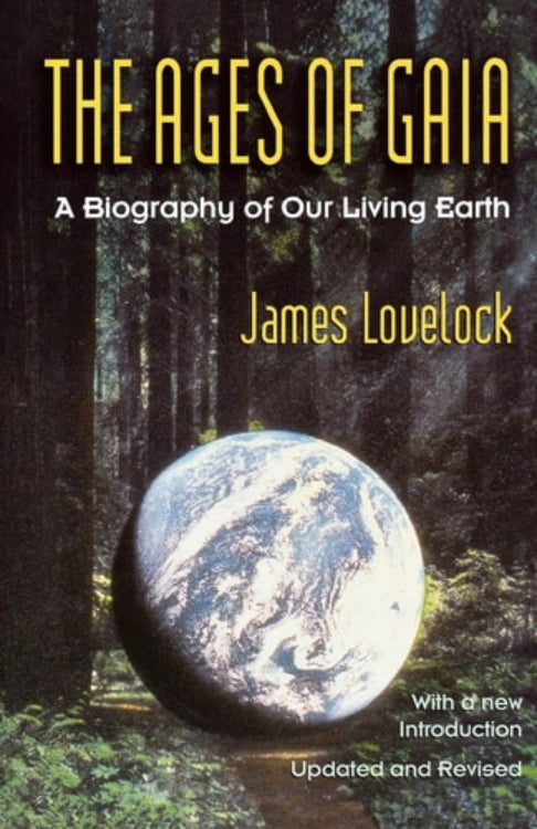 Cover of the book 'The Ages of Gaia' by James Lovelock, featuring an image of the Earth from space with clouds and landmasses visible.