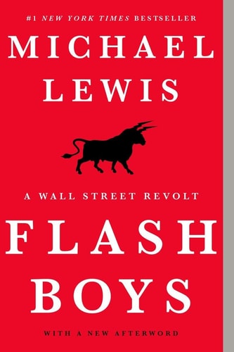 Book cover of 'Flash Boys' by Michael Lewis with a red background and black silhouette of a bull.