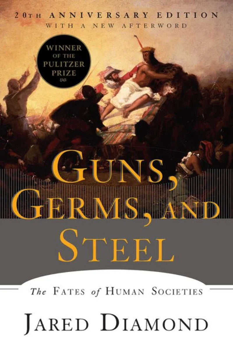 Cover of the book 'Guns, Germs, and Steel: The Fates of Human Societies' by Jared Diamond, featuring a painting with people and a title that won the 1997 Pulitzer Prize for General Non-Fiction.
