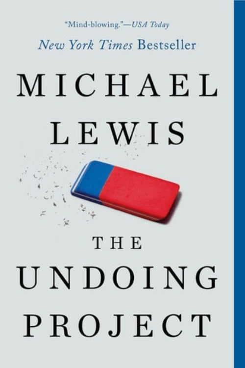 Book cover of 'The Undoing Project' by Michael Lewis with a red and blue object on a light gray background.