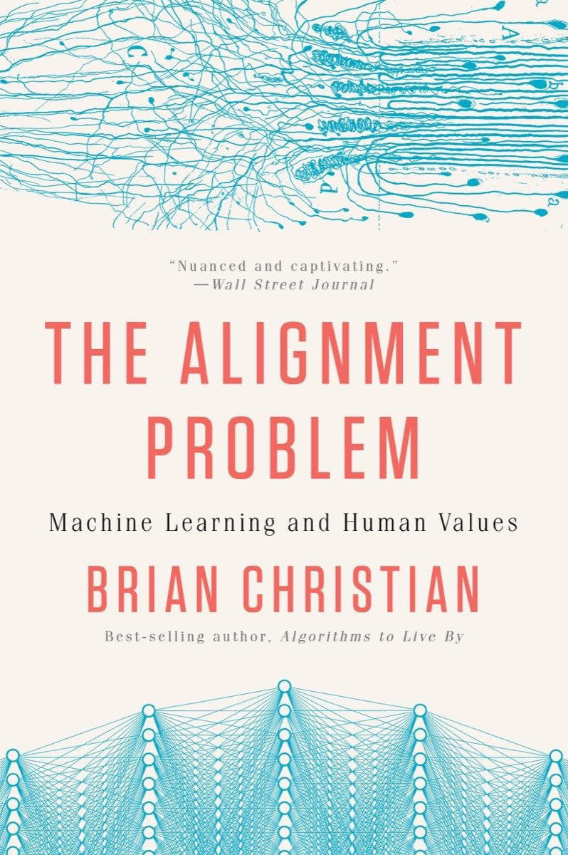 Book cover of 'The Alignment Problem' by Brian Christian with blue network design on a light gray background.