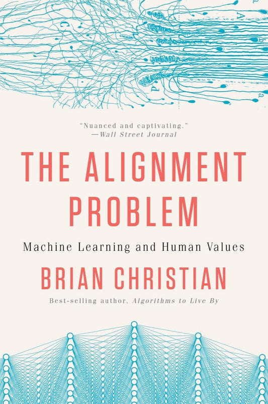 Book cover of 'The Alignment Problem' by Brian Christian with blue network design on a light gray background.