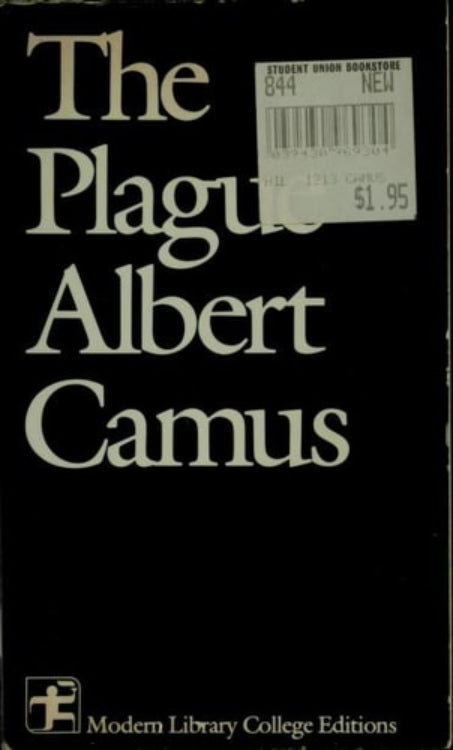This image displays the cover of a book titled "The Plague" by Albert Camus. The cover design is minimalist, featuring the title in large, white serif font centered on a dark background.