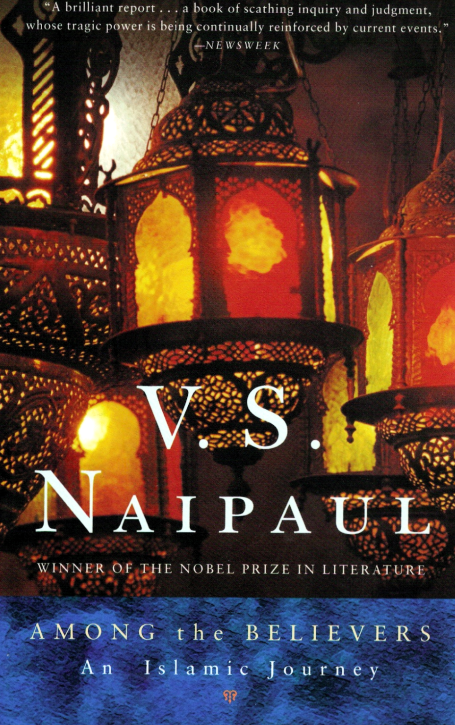 Book cover of 'Among the Believers: An islamic Journey' by V.S. Naipul, featuring lamps and book text.