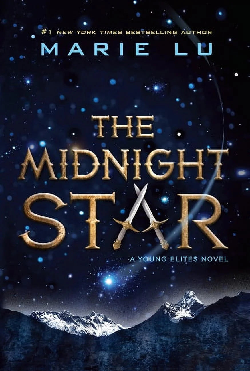 The cover of the book 'The Midnight Star' by Marie Lu, featuring a silhouette of a crescent moon and stars against a dark background, with a mountain range in the background.