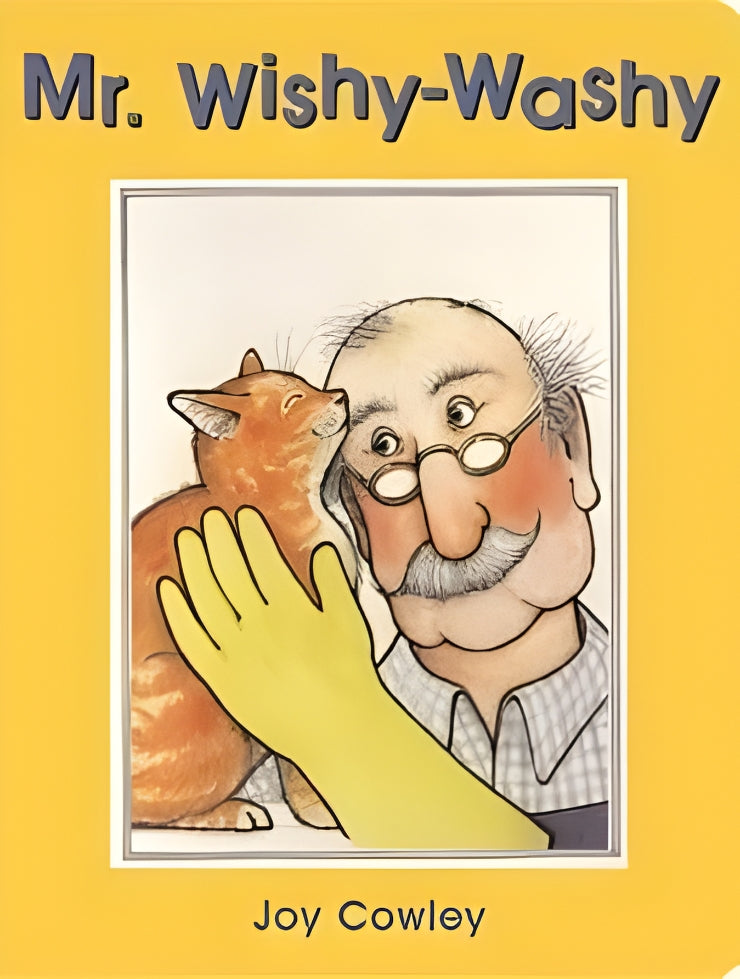 Book cover of 'Mr. Wishy-Washy' by Joy Cowley featuring a man, cat, and yellow glove.