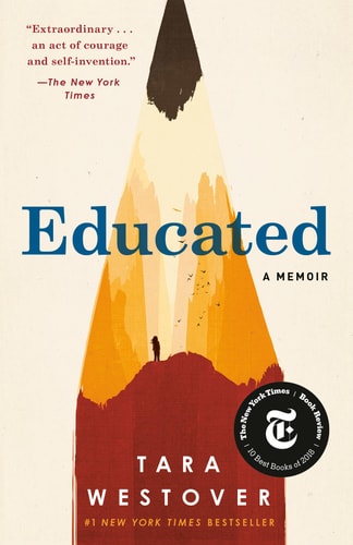 Book cover of 'Educated' by Tara Westover with a stylized illustration of a person standing on a mountain.