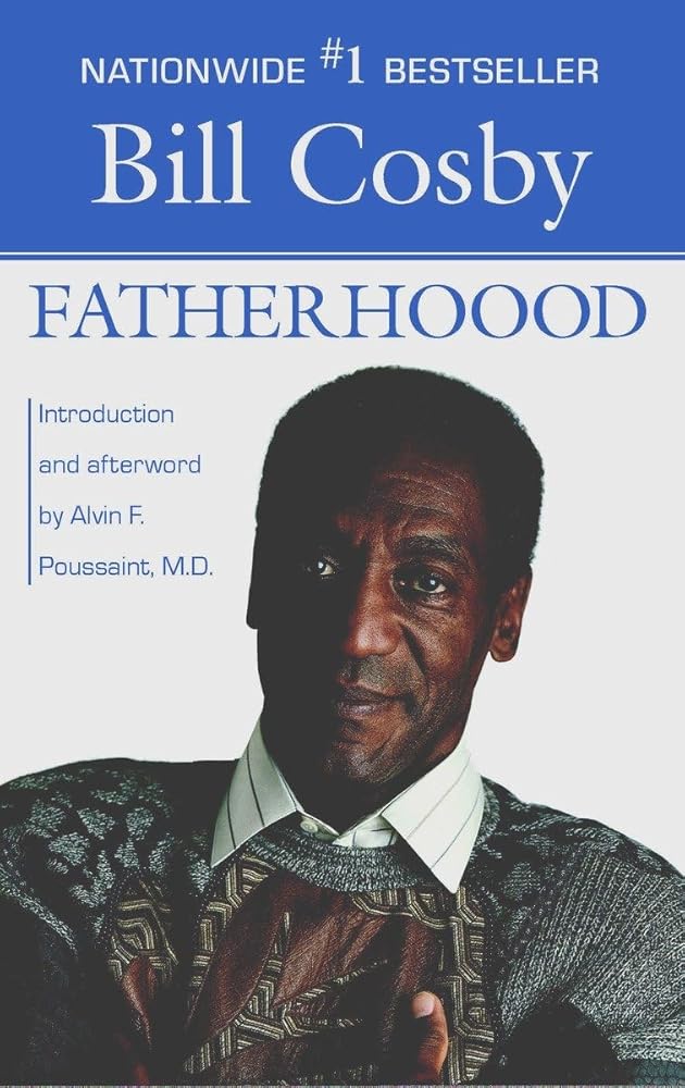 This image features the cover of Bill Cosby's book titled "Fatherhood." The cover displays Bill Cosby in a serious pose, with a backdrop that combines a blue sky and a silhouette of a cityscape.