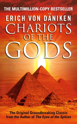 Cover of the book 'Chariots of the Gods' by Erich von Däniken featuring pyramid-like structures and a dramatic sky.