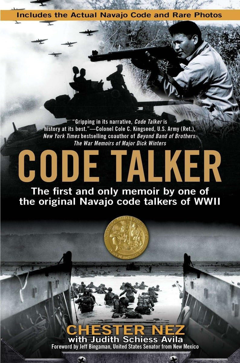 Book cover of 'Code Talker' with a Navajo code talker and military vehicles.