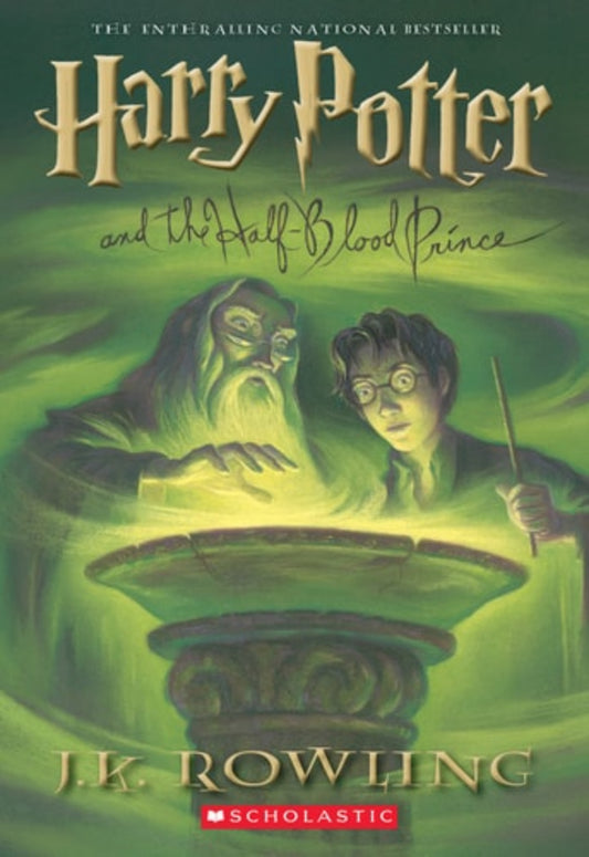 Book cover of 'Harry Potter and the Half-Blood Prince [ISBN: 9780439785969]' by J.K. Rowling, with green glow and characters at a table.