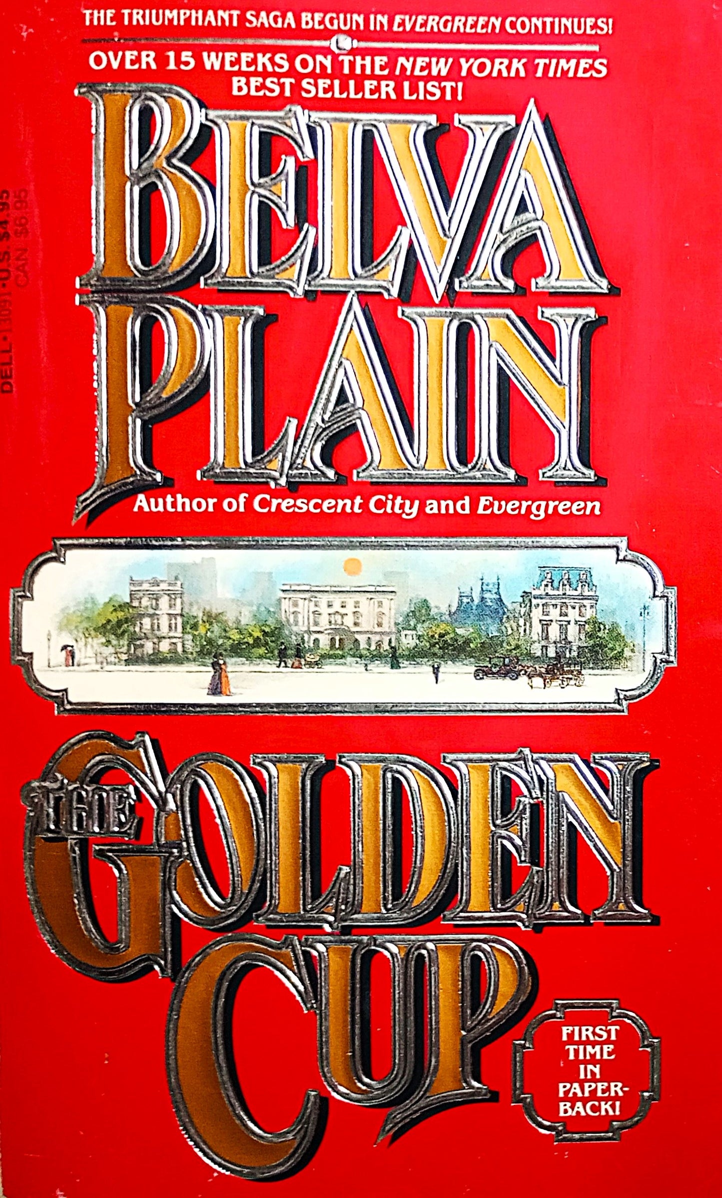 The cover of the book 'The Golden Cup' by Belva Plain features a red background with the title and author's name in ornate white and black font. The author is described as 'The Author of Evergreen City and Others'.
