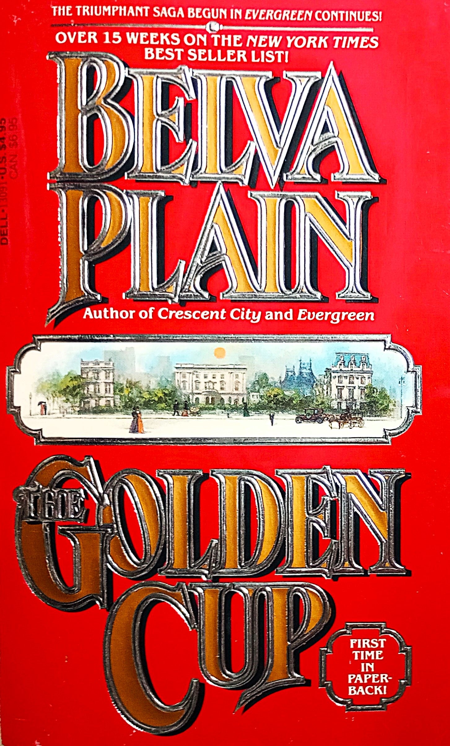 The cover of the book 'The Golden Cup' by Belva Plain features a red background with the title and author's name in ornate white and black font. The author is described as 'The Author of Evergreen City and Others'.