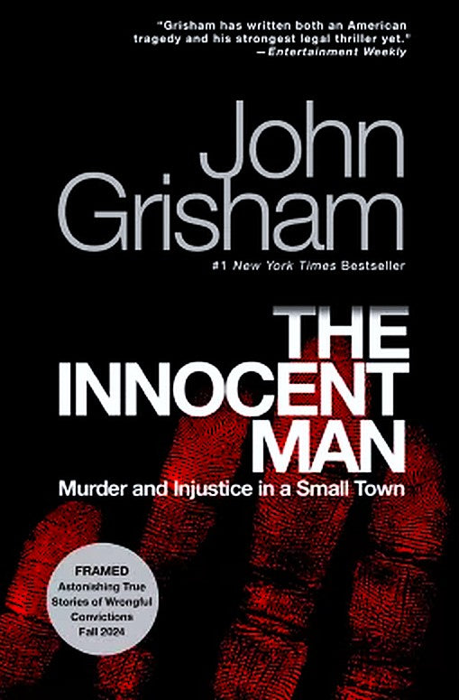 Book cover of 'The Innocent Man' by John Grisham with a black background and red fingerprint.