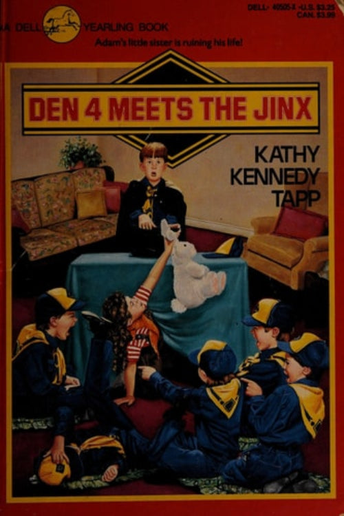Book cover of 'Den 4 Meets the Jinx' featuring author Kathy Kennedy Tapp, a group of children in Cub Scout attire, and a teddy bear.
