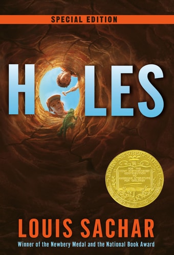 Book cover of 'Holes' by Louis Sachar with a gold medal icon and text on a dark background