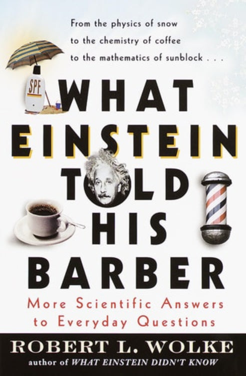 Book cover of 'What Einstein Told His Barber' with a coffee cup, umbrella, and barber pole illustration.