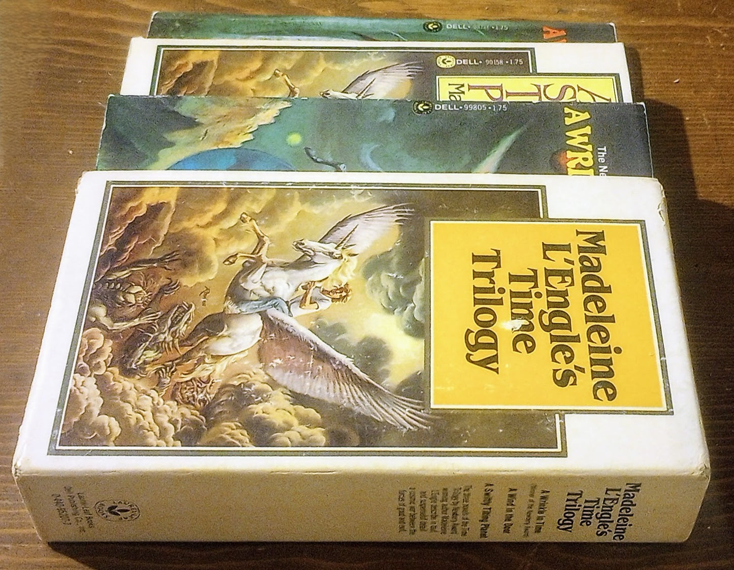 Book set with 'Madeleine L'Engle's Time Trilogy' on a wooden surface