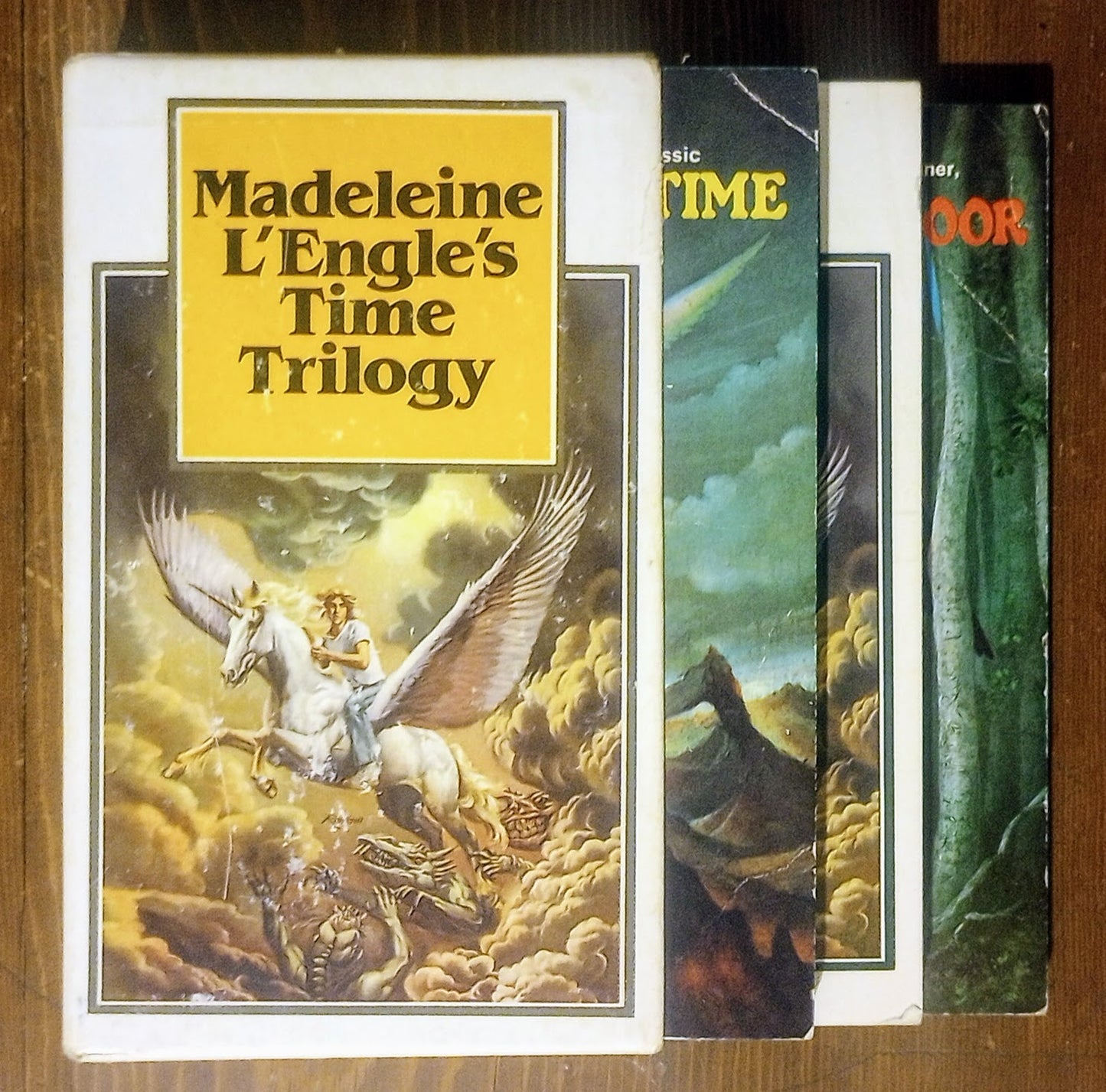 Book cover of 'Madeleine L'Engle's Time Trilogy' with a winged horse illustration on a wooden surface.
