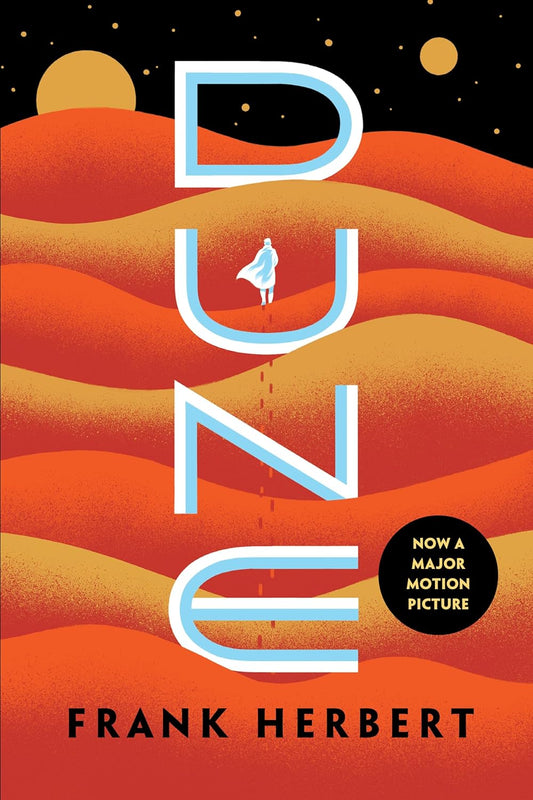Cover of the book 'Dune' by Frank Herbert featuring a desert landscape with a person standing in the distance.
