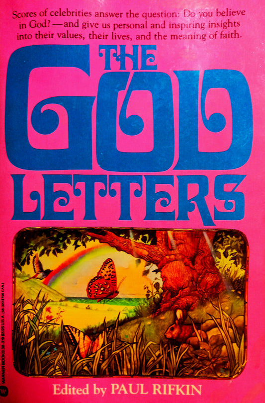 The cover of the book 'The God Letters' by Paul Rifkin features a vibrant pink background with blue text that includes the title and the author's name. It also depicts a scene with a multicolored backdrop and a butterfly.