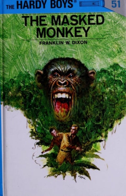 Cover of 'The Masked Monkey: A Hardy Boys Book' by Franklin W. Dixon, featuring an illustration of a monkey with a mask on its face, set against a green background.