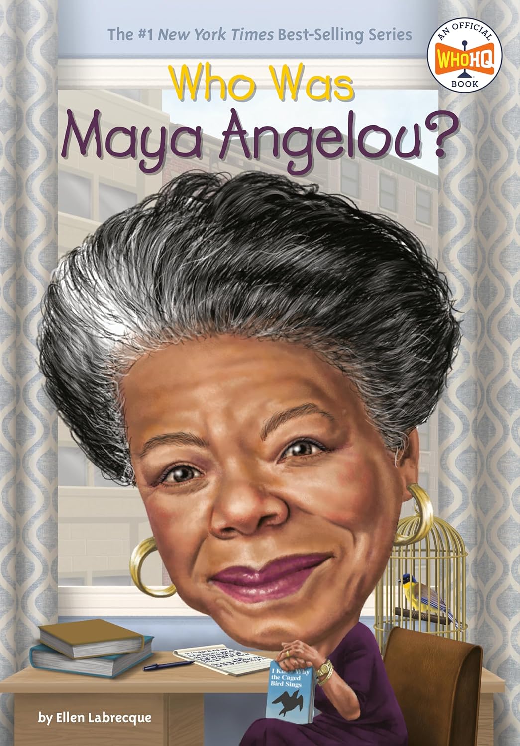 Book cover of 'Who Was Maya Angelou?' with a portrait of Maya Angelou.