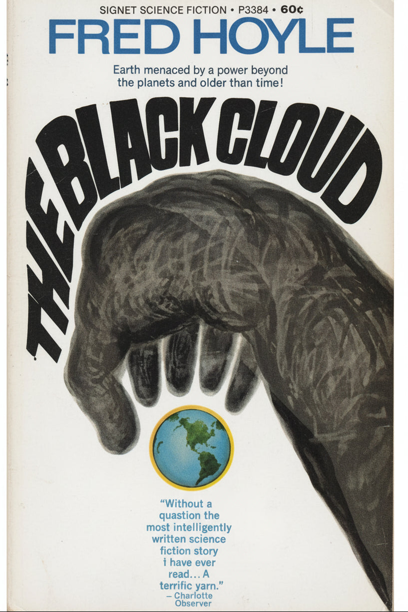 Book cover of 'The Black Cloud' by Fred Hoyle with a hand holding a globe.