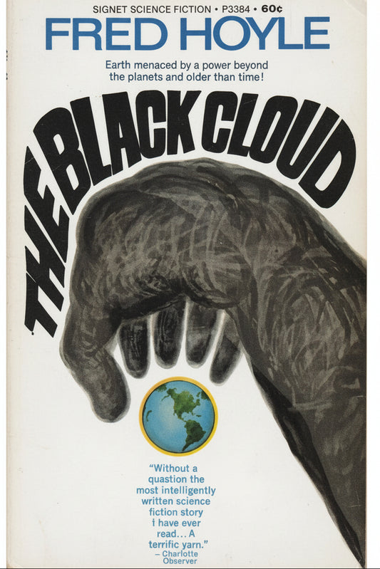 Book cover of 'The Black Cloud' by Fred Hoyle with a hand holding a globe.