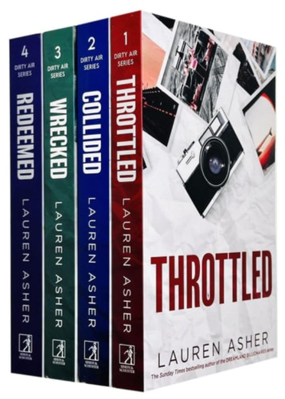 A collection of four books from the Dirty Air Series by Lauren Asher, titled 'Throttled', 'Collided', 'Wrecked', and 'Redeemed'. The covers feature a mix of dark and moody tones with images of cars and a Formula 1 racing theme.